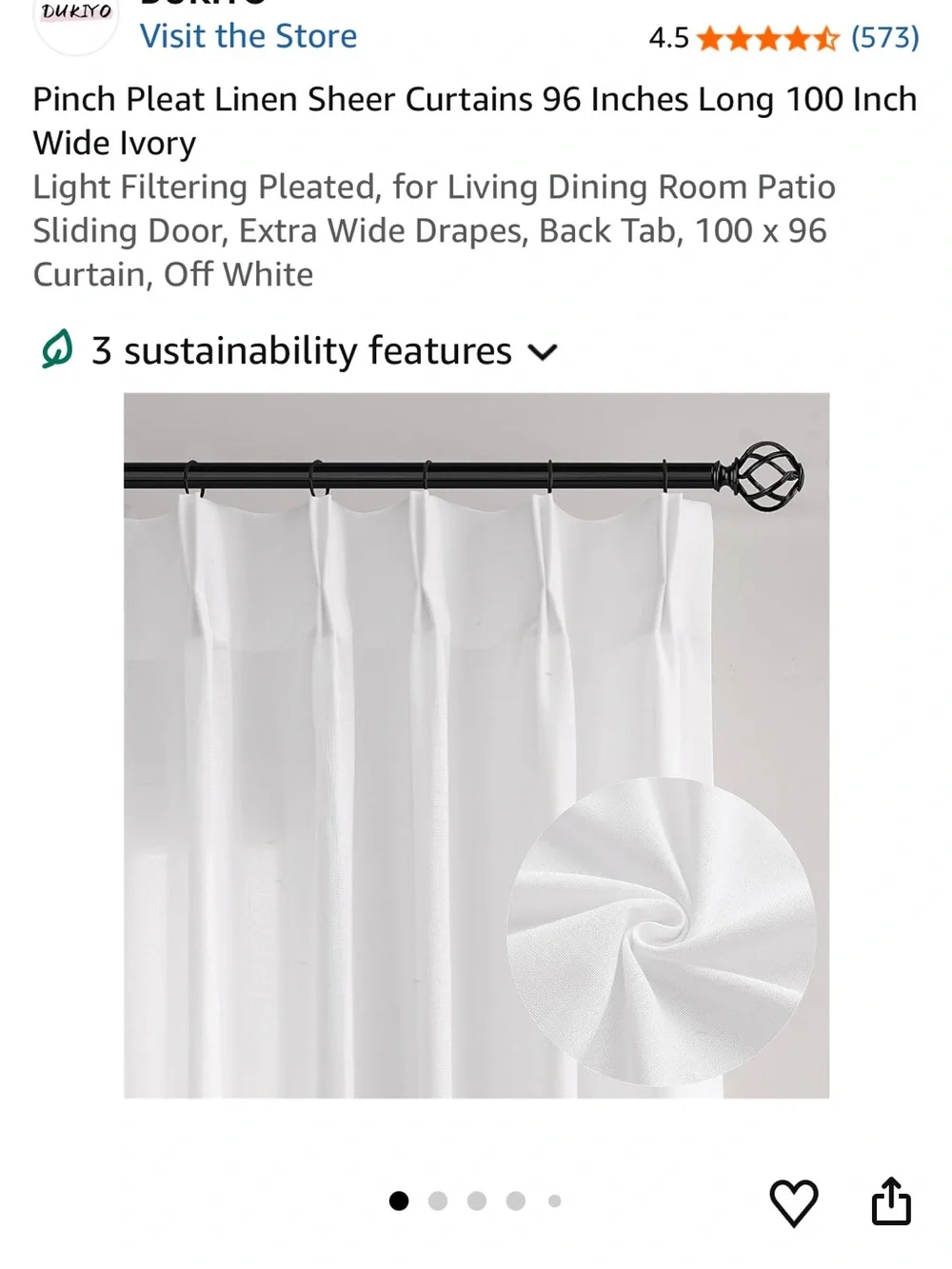 Linen Sheer Curtain Panel 96”L x 100”W in Ivory White
